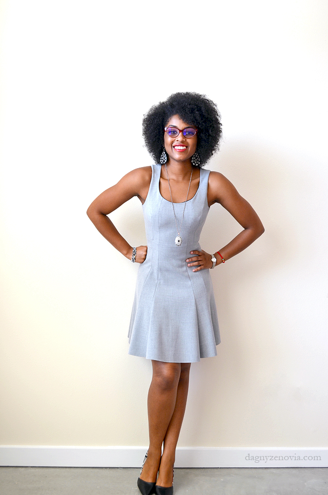 Dagny Zenovia: Grey Classic x H&M grey dress x black pattern heels